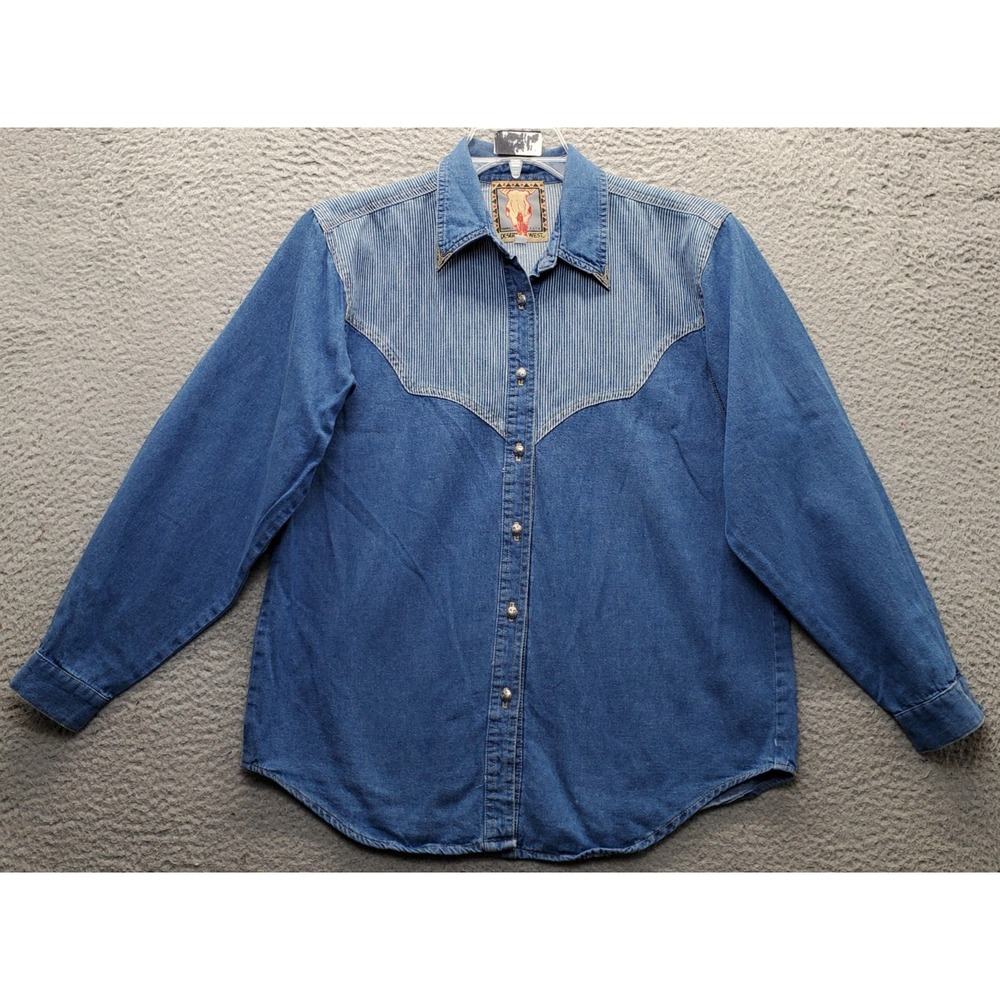 Vintage Desert West Shirt Womens M Multi Denim Striped Yoke Western Button-Up